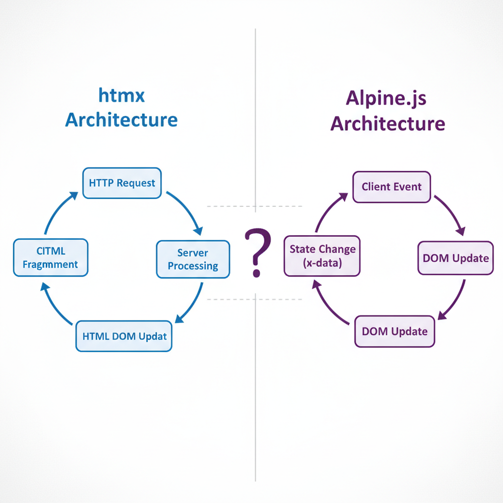 Comparison of htmx request flow vs Alpine.js local state flow