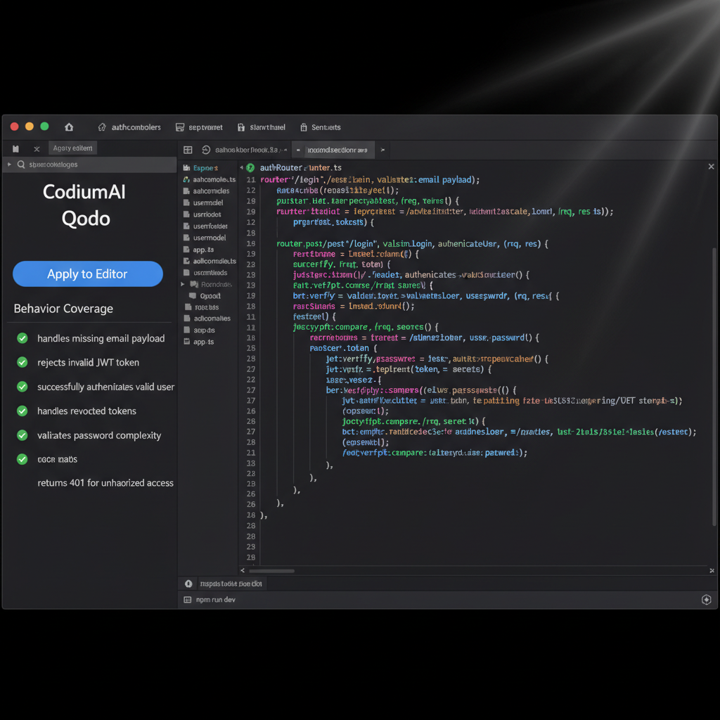 VS Code screenshot showing CodiumAI sidebar generating unit tests for an Express backend API