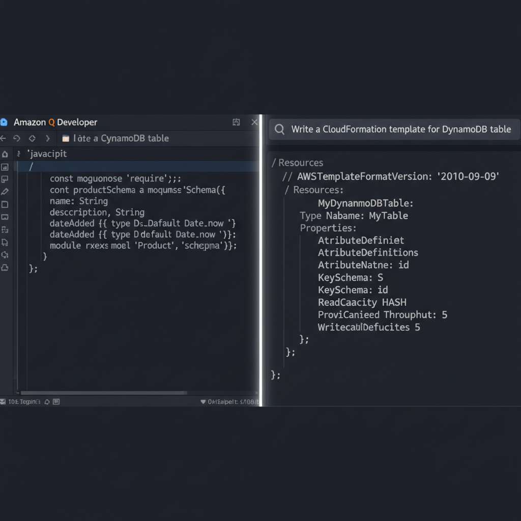 Side-by-side comparison of GitHub Copilot inline suggestions versus Amazon Q Developer chat interface