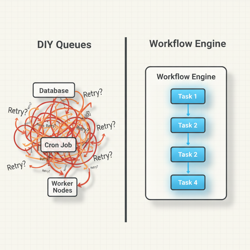 Diagram comparing DIY task queues against a dedicated workflow engine