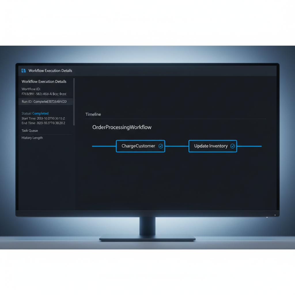 Temporal Web UI showing successful execution of an Order Processing Workflow