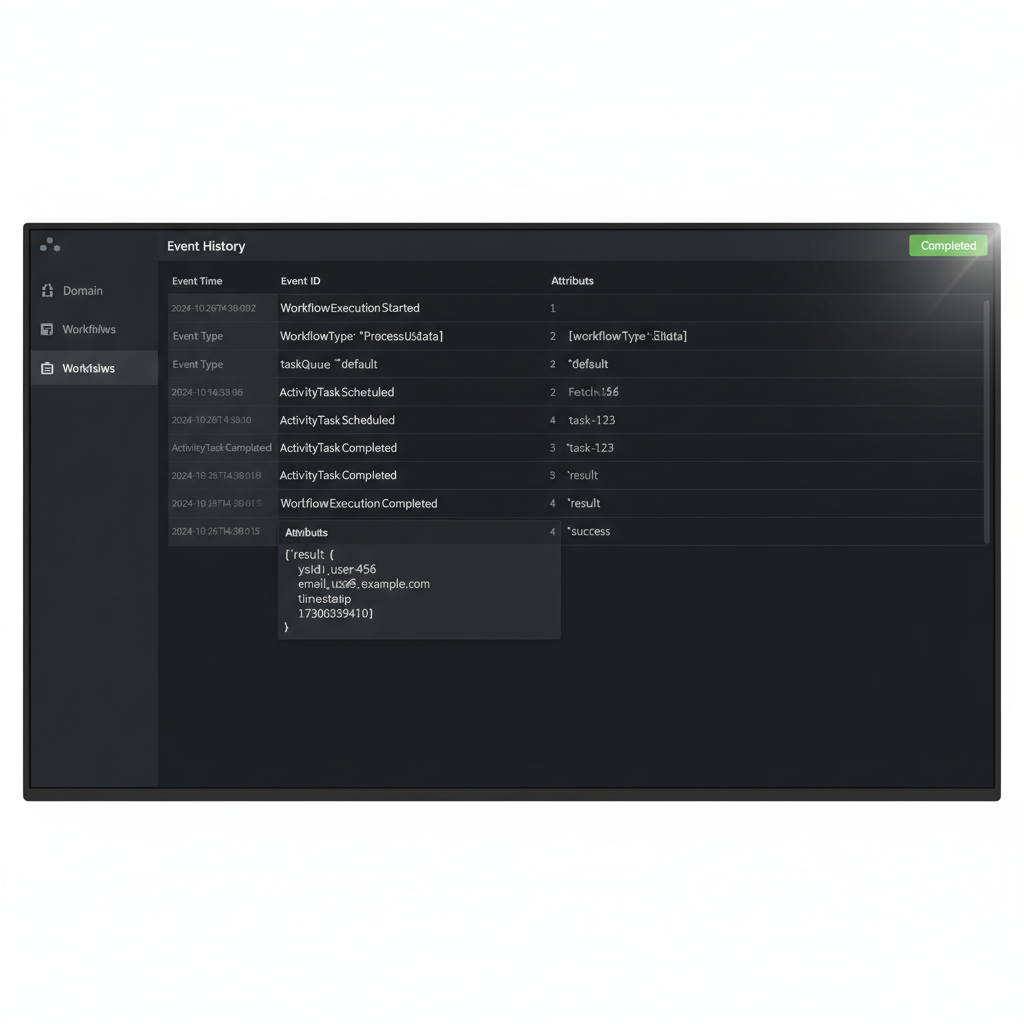 Cadence Web UI displaying a workflow execution history with completed and pending activities