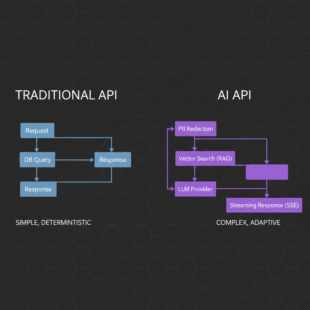 Flowchart comparing traditional API request lifecycles to complex AI API streaming and RAG lifecycles