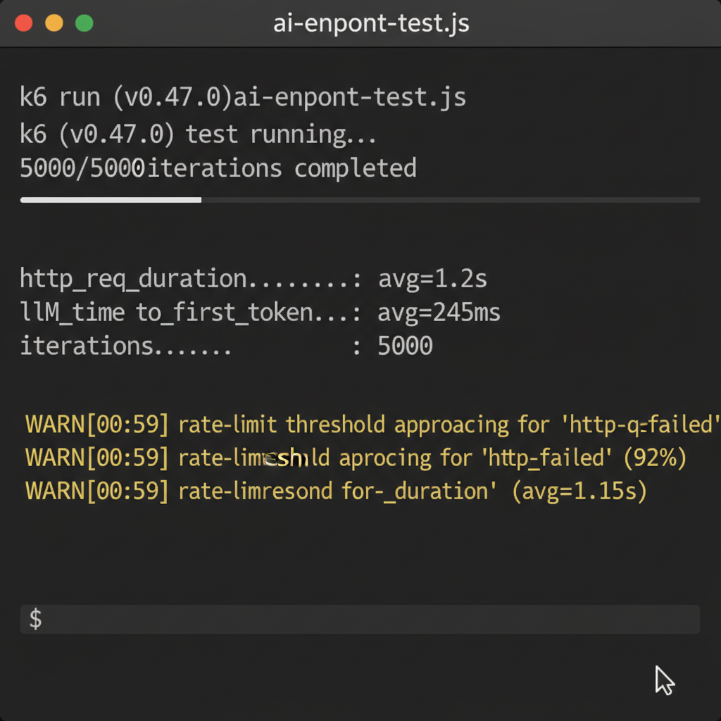 Terminal window showing k6 load testing results for an AI streaming endpoint highlighting latency metrics