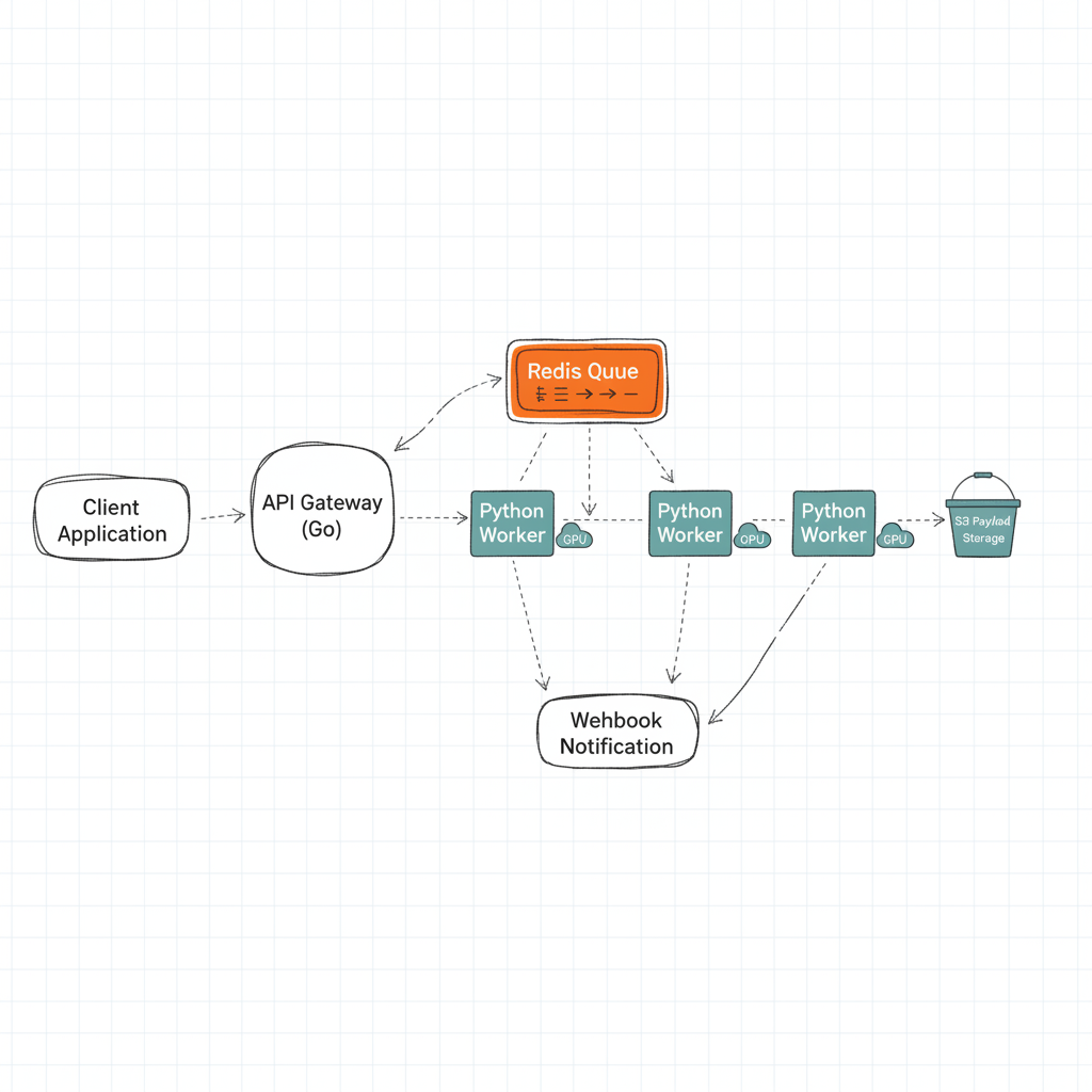 Technical diagram showing event-driven architecture for AI inference with API Gateway, Redis Queue, and Python GPU workers