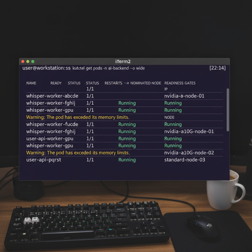 Terminal screenshot showing Kubernetes pods running on specific GPU-enabled nodes