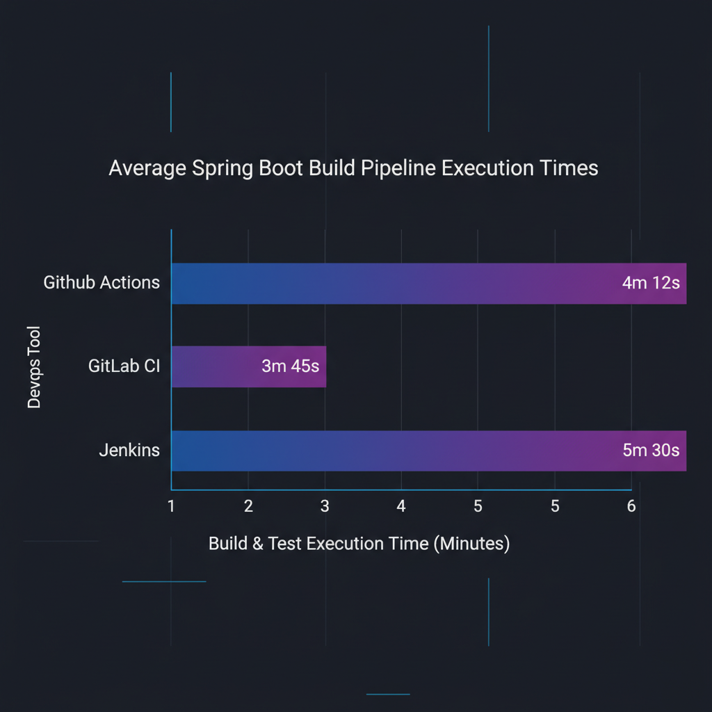 Bar chart comparing Spring Boot build pipeline execution times showing GitHub Actions, GitLab CI, and Jenkins