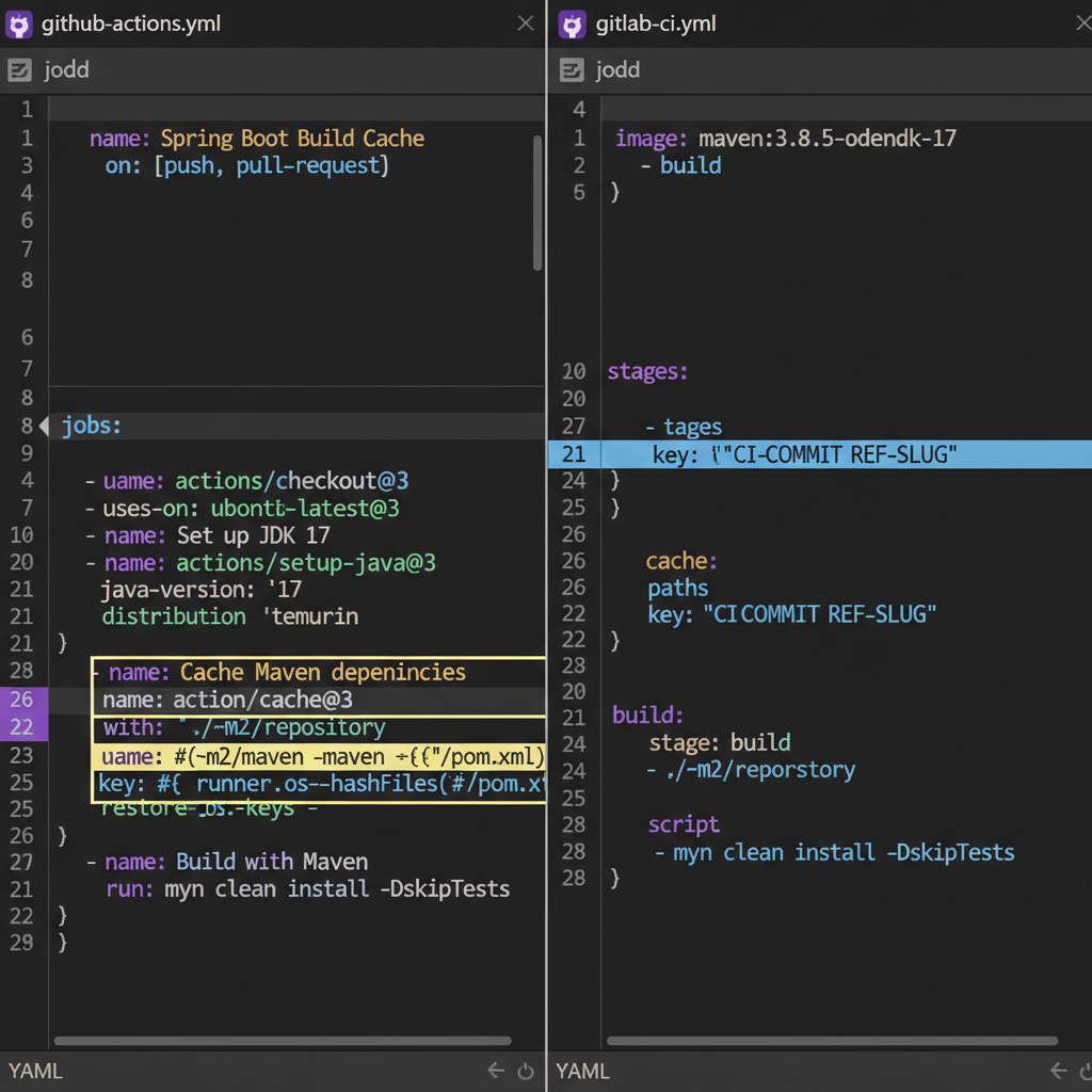 Side-by-side YAML code editor comparison of GitHub Actions and GitLab CI caching syntax for Maven