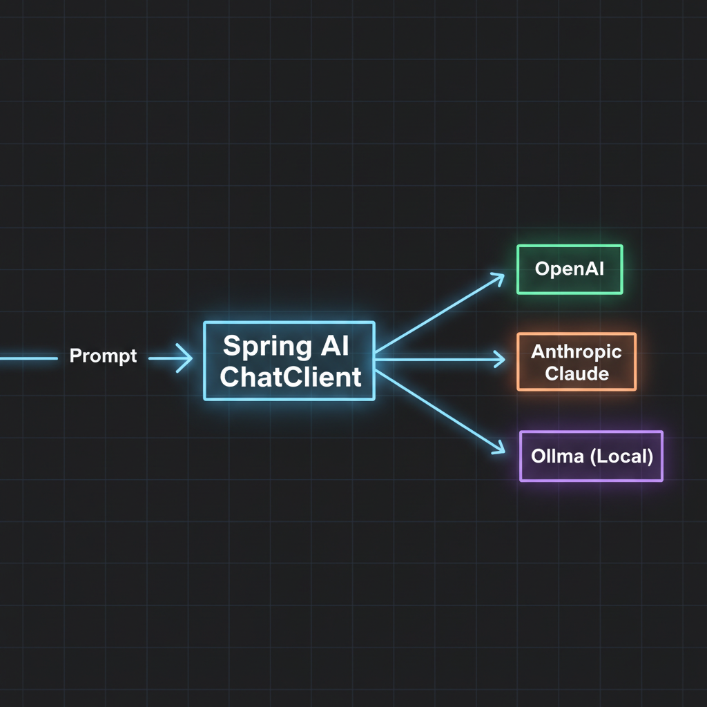 Architectural diagram showing Spring AI ChatClient routing prompts to OpenAI, Anthropic, and Ollama