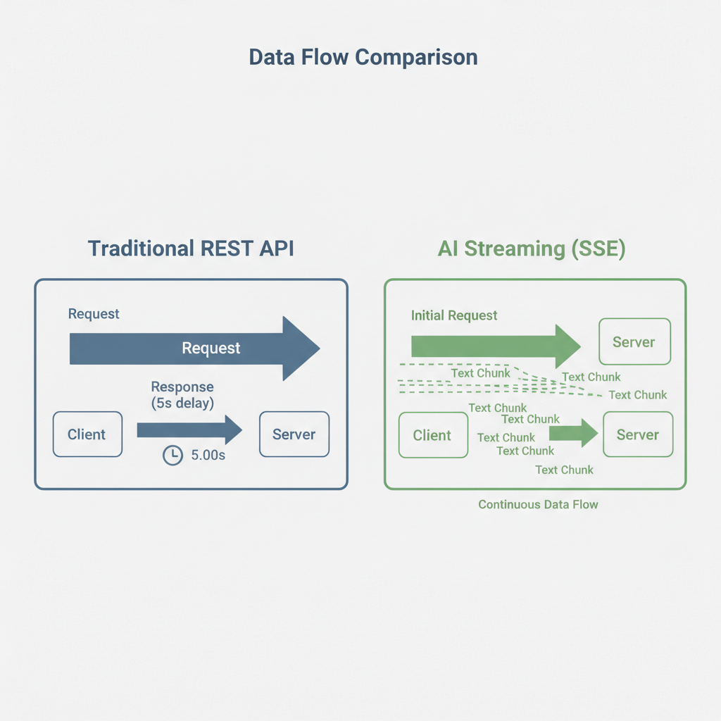 Technical diagram comparing traditional API requests to Server-Sent Events for AI streaming