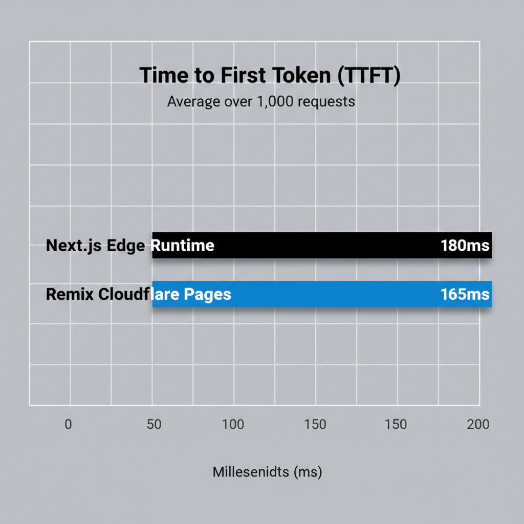 Bar chart comparing Time to First Token (TTFT) for Next.js and Remix when streaming an OpenAI response