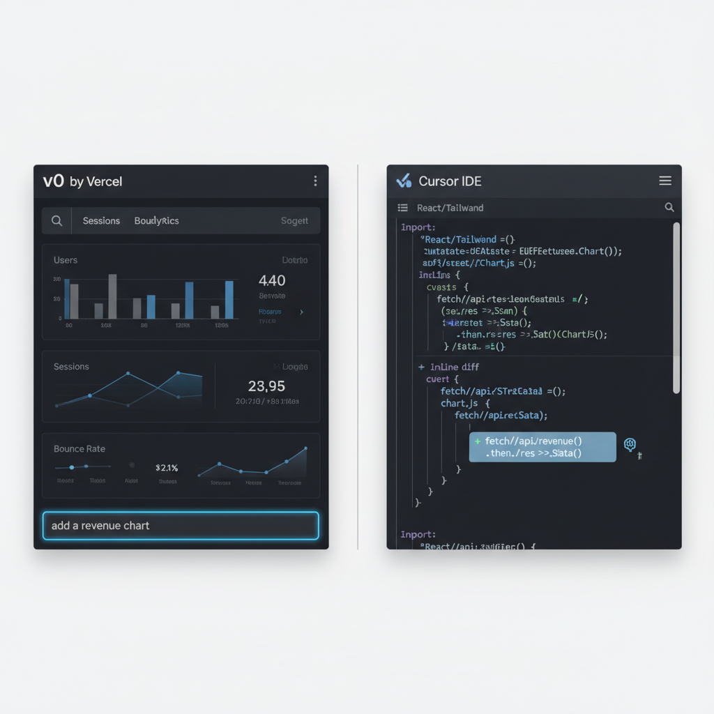 Side-by-side interface comparison showing v0 by Vercel generating a UI on the left and Cursor editor refining code on the right
