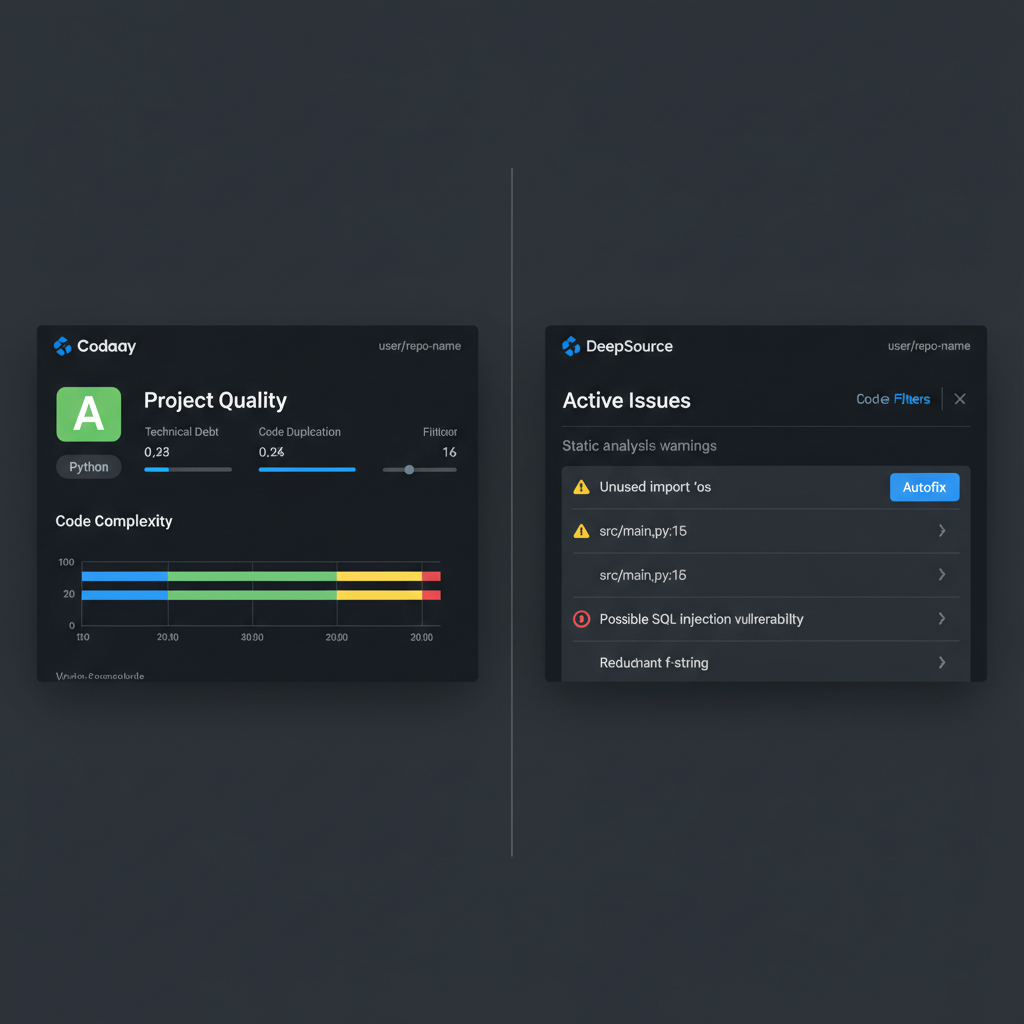 Side-by-side comparison of Codacy and DeepSource dashboards showing different user experiences