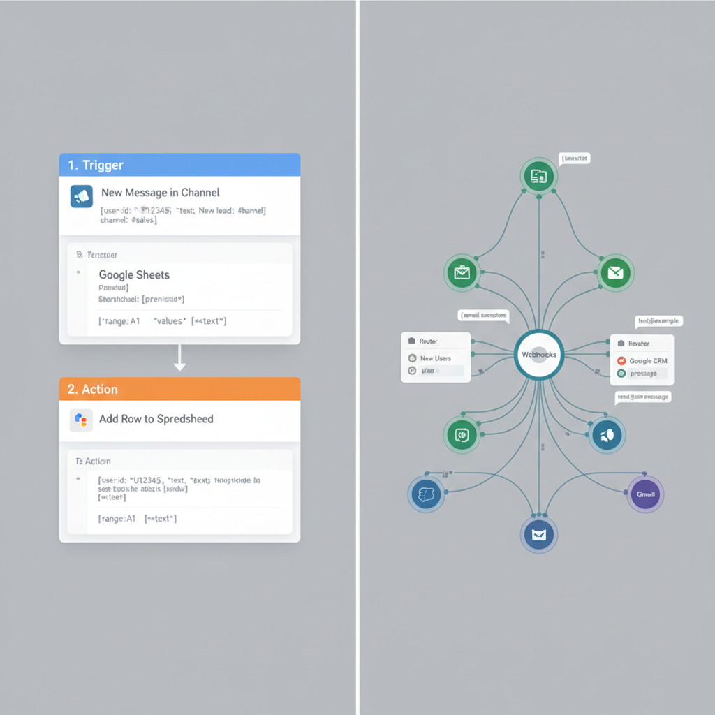 Comparison of Zapier linear flow vs Make.com visual canvas showing complex logic
