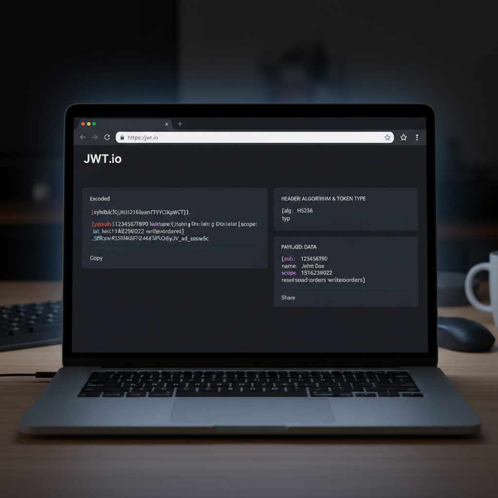 A screenshot of JWT.io showing a decoded Bearer token with claims and scopes