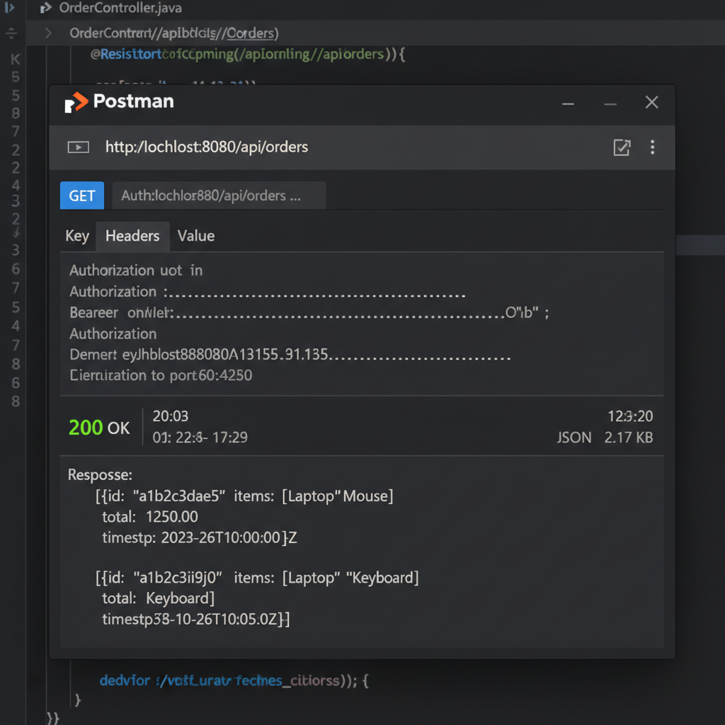 Postman interface showing a successful GET request to a secured Spring Boot endpoint with a Bearer token