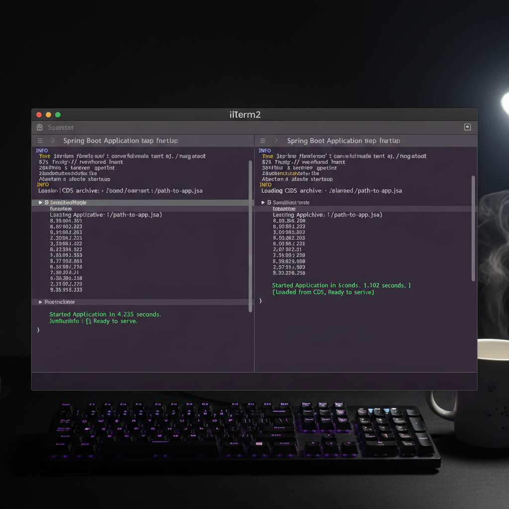 Terminal output showing Spring Boot 3 startup time reduction with CDS enabled