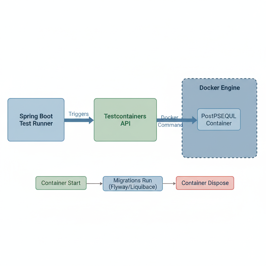 Diagram showing the lifecycle of Testcontainers in a Spring Boot application