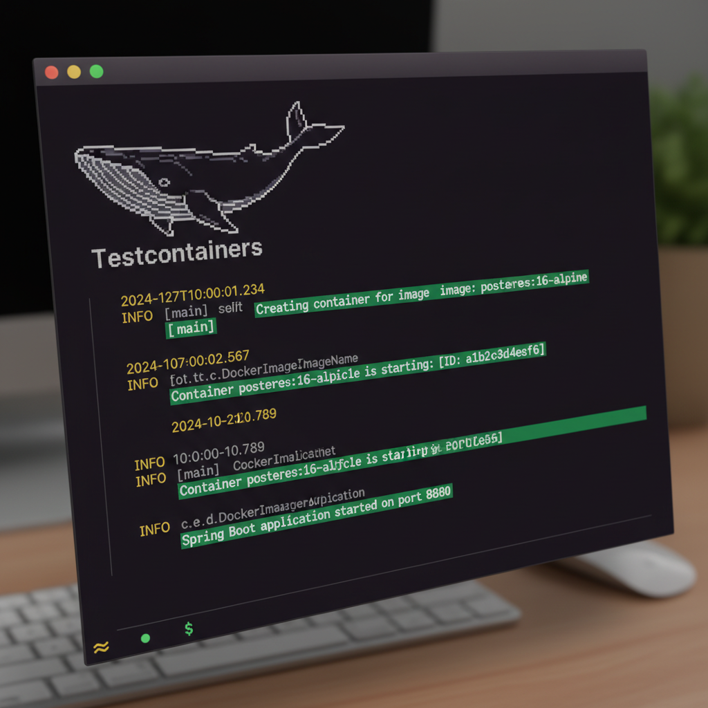 Terminal window showing the successful startup of a Testcontainers PostgreSQL instance