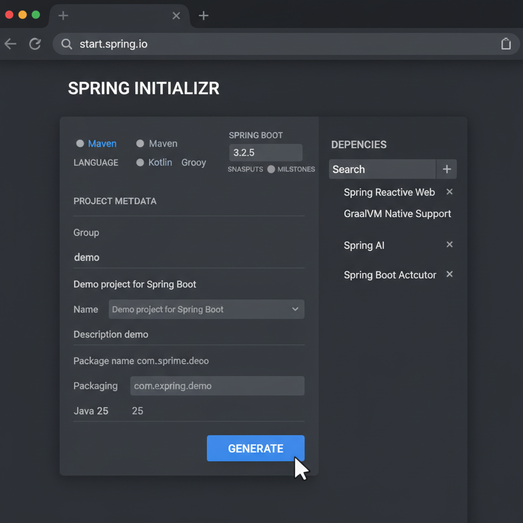 Spring Initializer web interface showing modern dependency options for 2026
