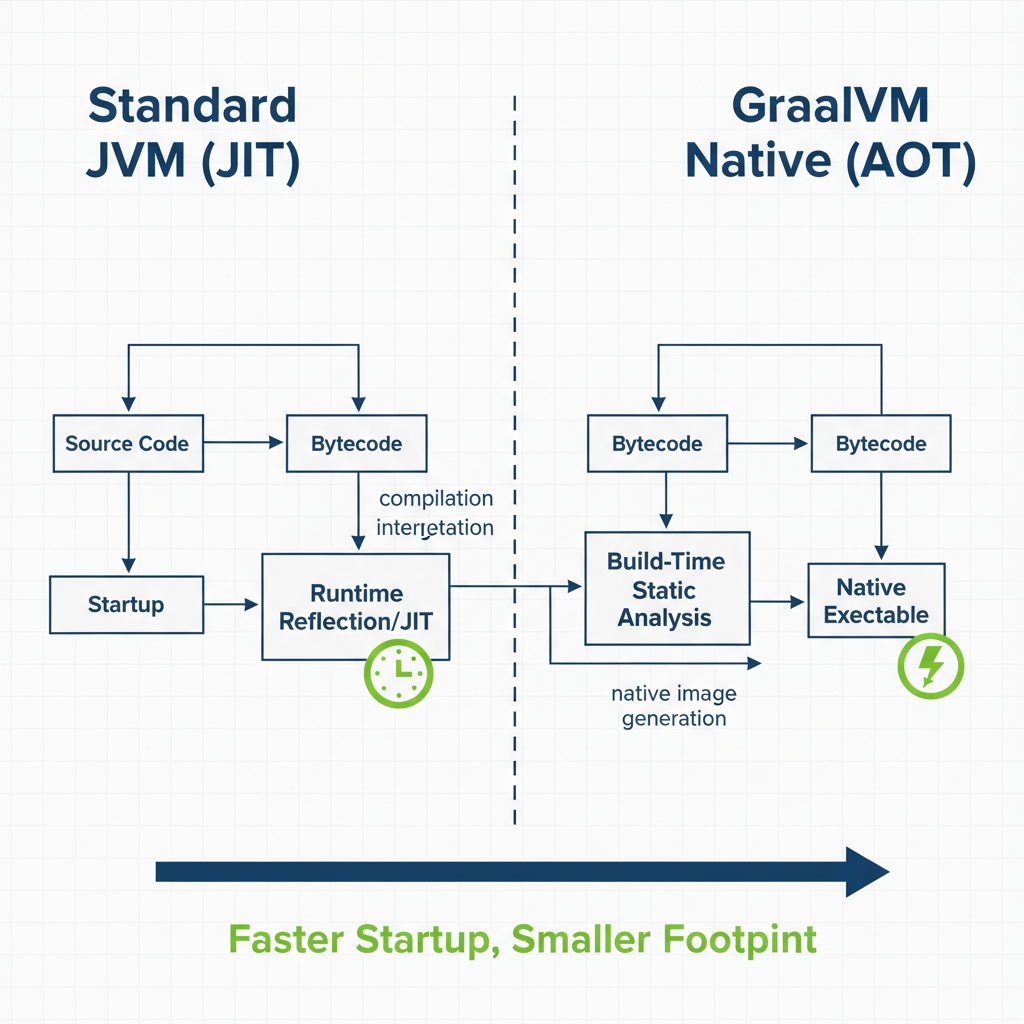 Comparison diagram showing JIT compilation versus AOT compilation flow in GraalVM