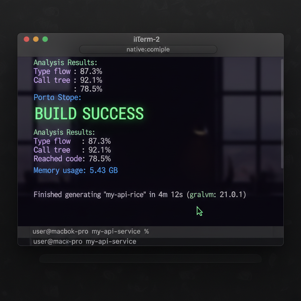 Terminal window showing a successful GraalVM native-image build output