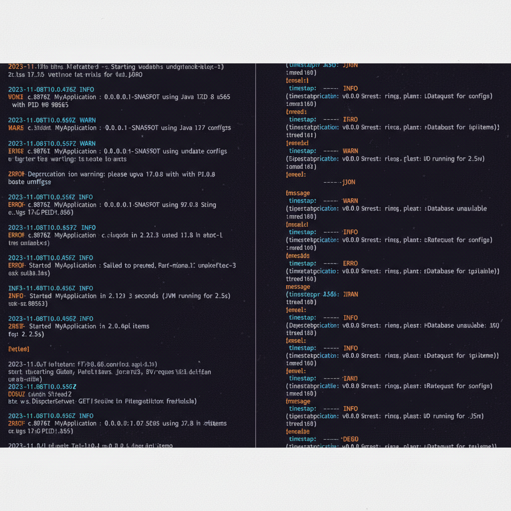 Comparison of plain text vs JSON structured logs in a terminal
