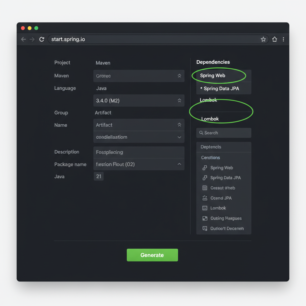 Screenshot of the Spring Initializr website with modern 2026 configuration