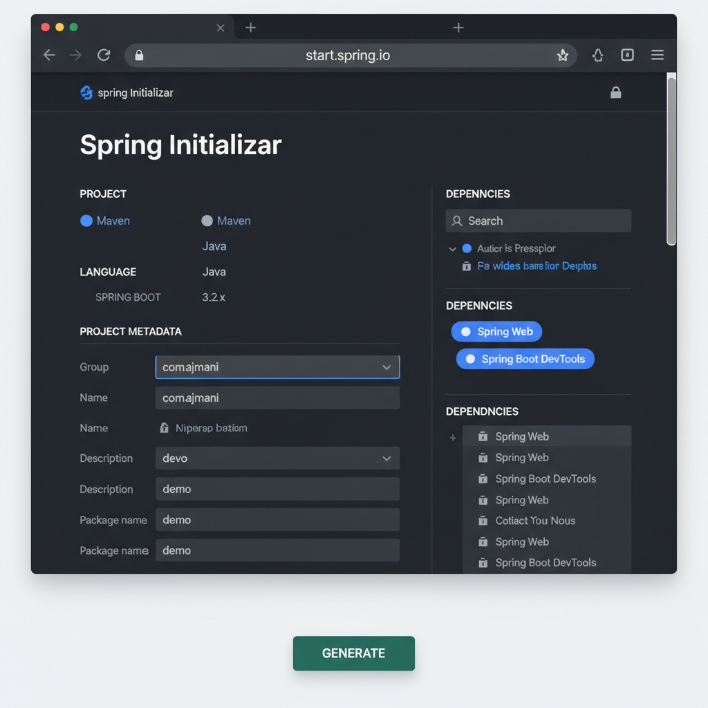 A screenshot of the Spring Initializr website interface with beginner-friendly settings