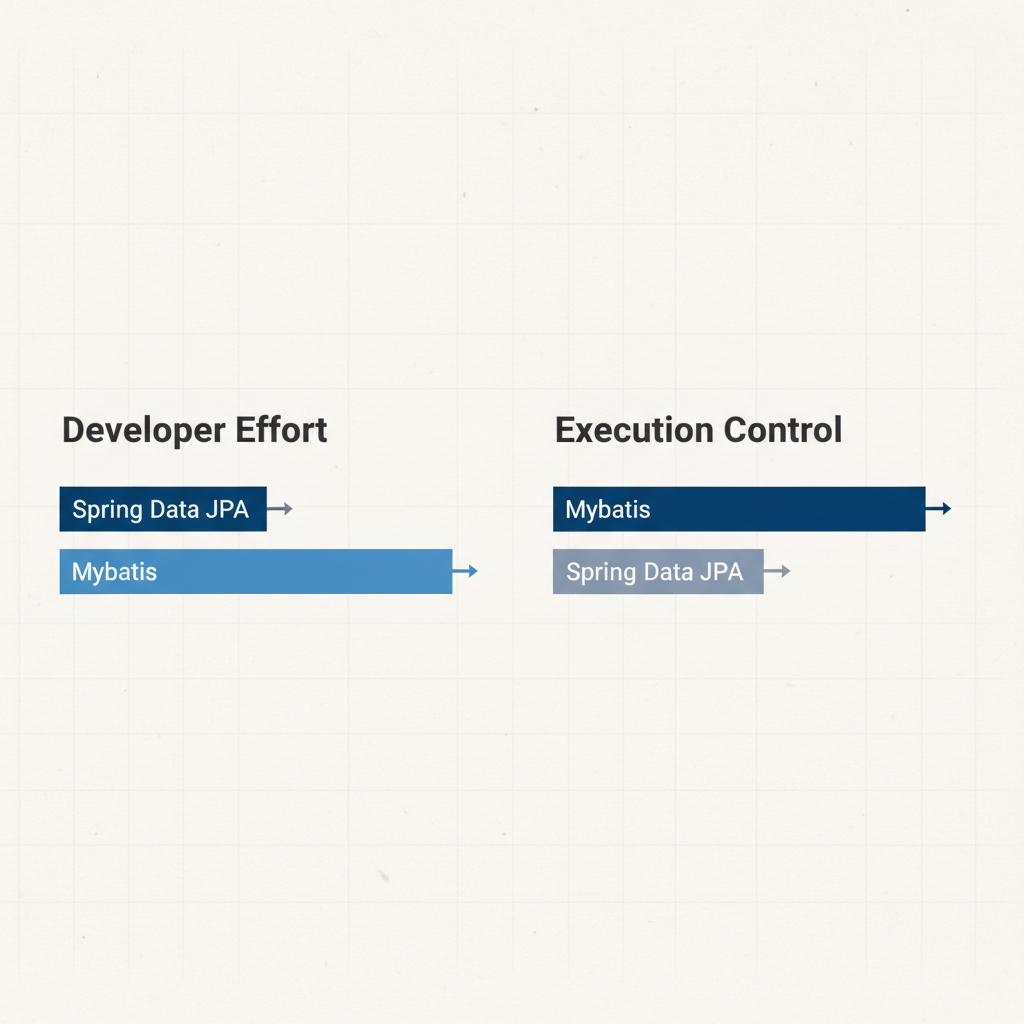 Comparison chart showing response time and developer effort for Spring Data JPA vs MyBatis