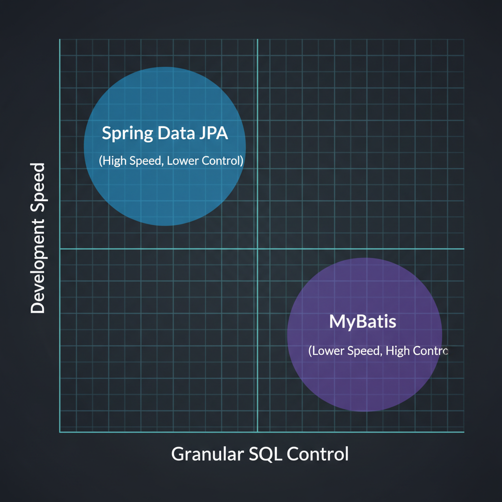 A conceptual chart comparing development speed vs control for Spring Data JPA and MyBatis