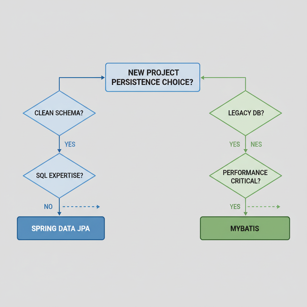 A decision flowchart for choosing between Spring Data JPA and MyBatis based on project requirements