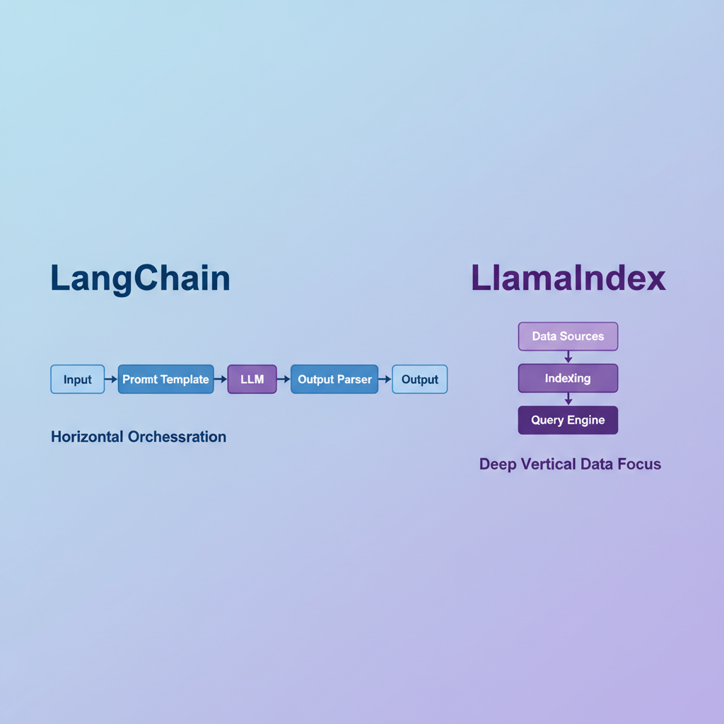 A technical architecture diagram comparing LangChain and LlamaIndex RAG flows