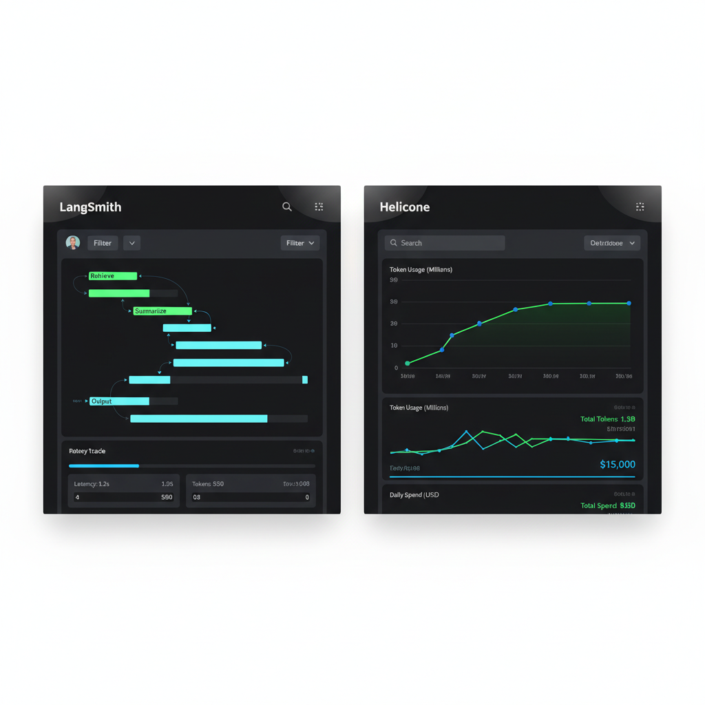 Comparison of AI observability dashboards showing trace spans and latency charts