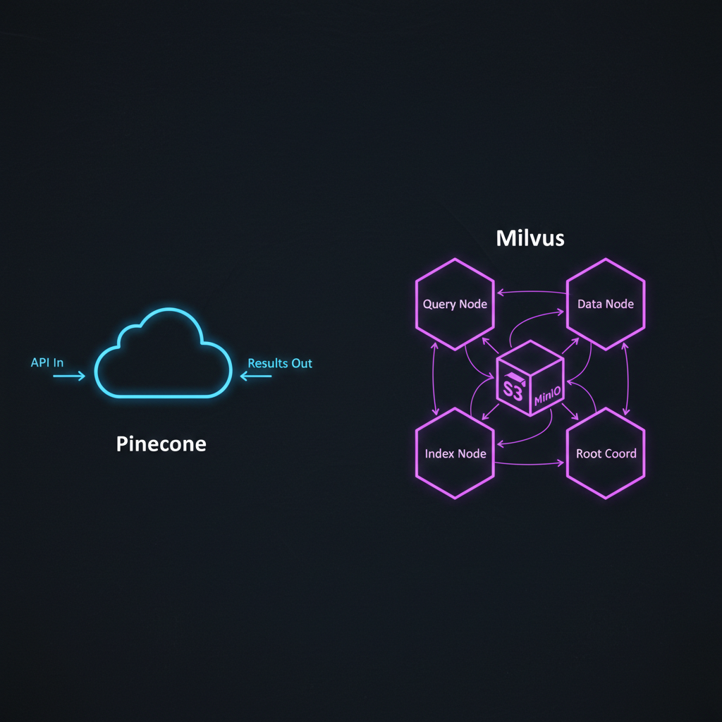 Architectural diagram showing Milvus distributed components versus Pinecone simplified SaaS structure