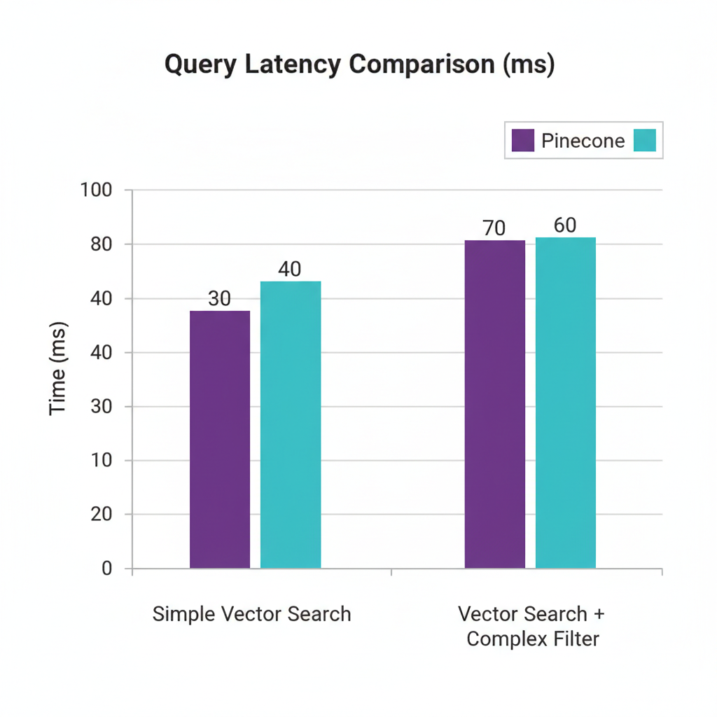Bar chart comparing query latency with and without metadata filtering for Pinecone and Milvus