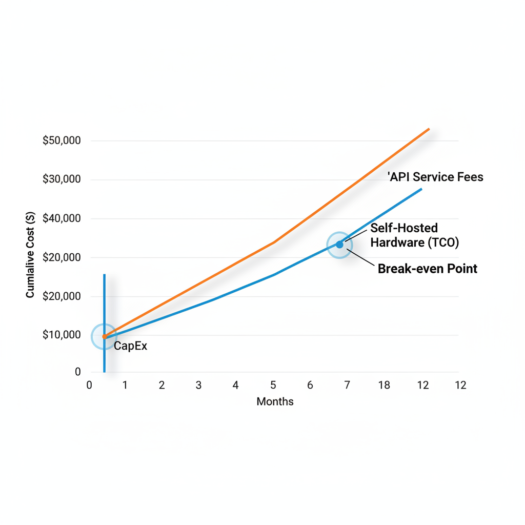 12-month cost comparison graph between LLM API fees and self-hosted hardware