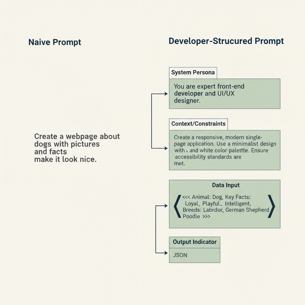 Comparison diagram showing a poorly structured prompt versus a structured, developer-grade prompt