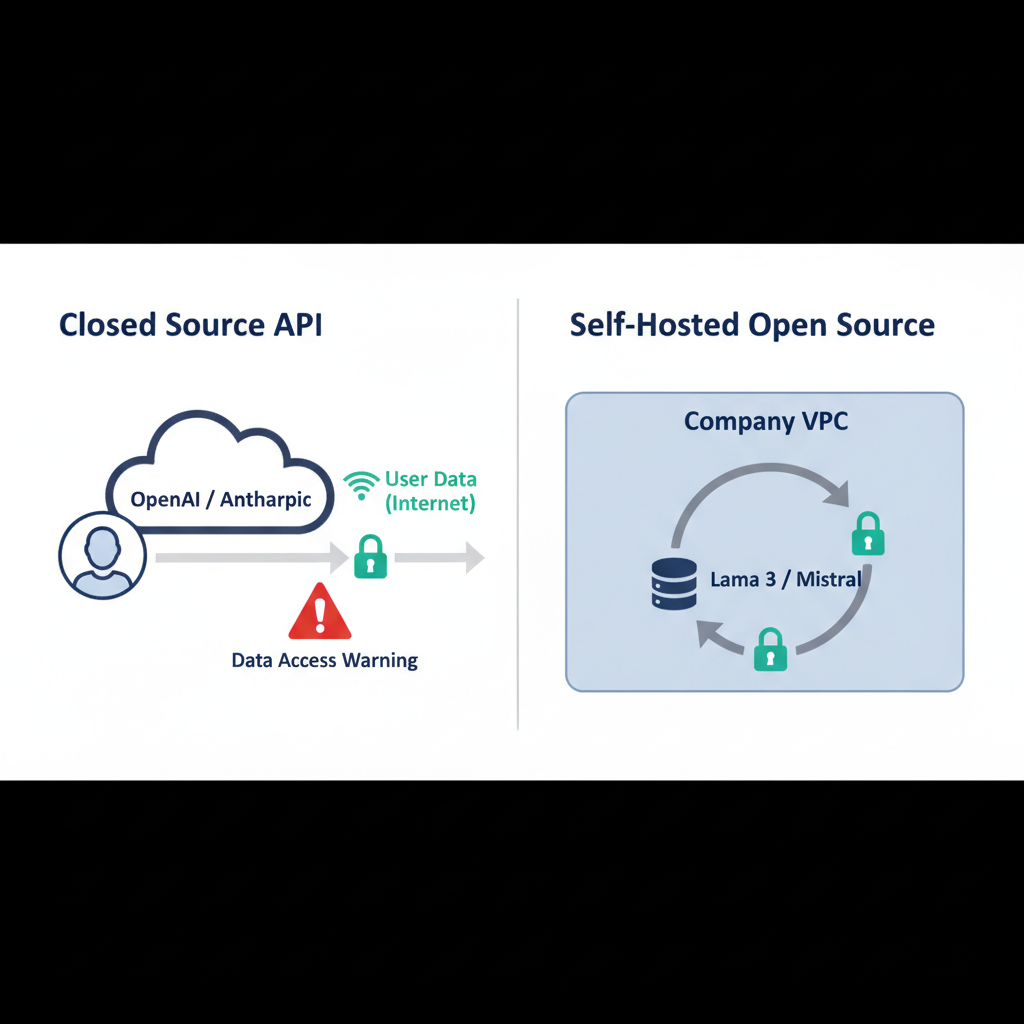Comparison diagram showing data flow for API-based vs self-hosted LLM architectures