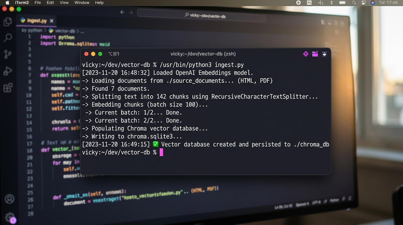 Terminal output showing ChromaDB vector store being populated and persisted to disk