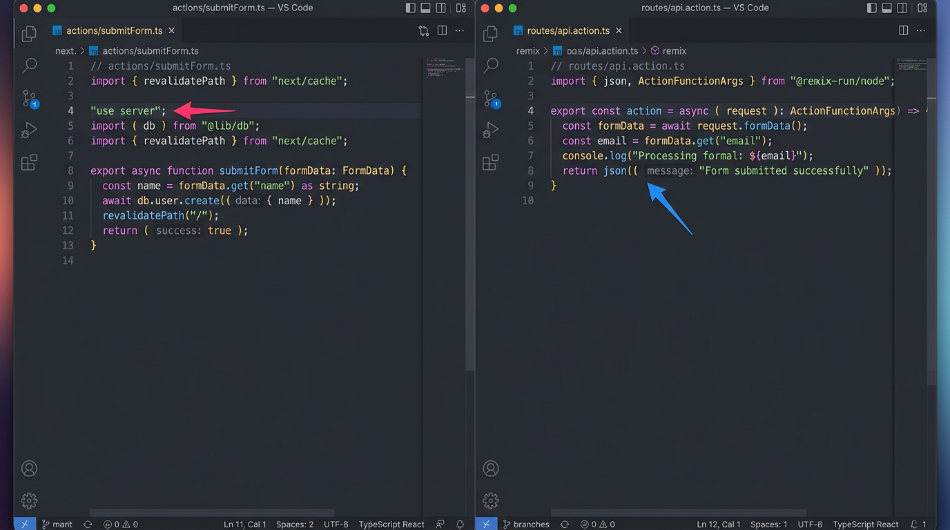 Comparison of Next.js Server Action vs Remix Route Action code implementation
