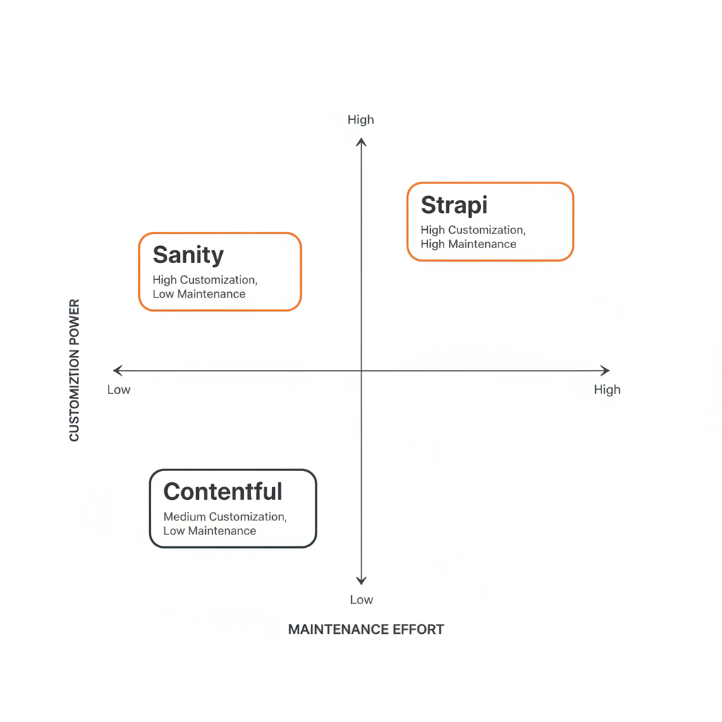 Decision matrix comparing Sanity, Contentful, and Strapi based on cost and maintenance