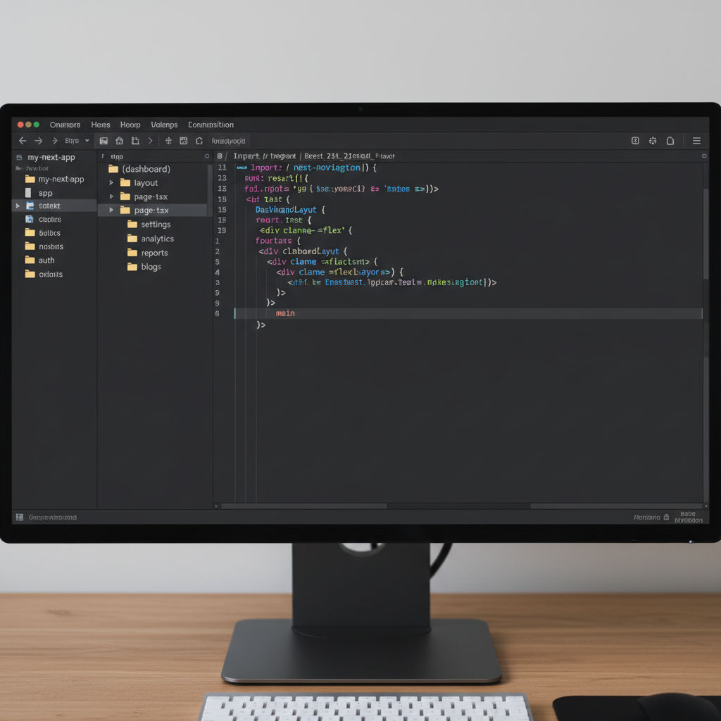 Next.js App Router folder structure showing the (dashboard) route group and layout.tsx organization