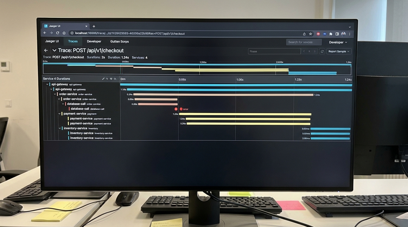 Jaeger UI dashboard showing a distributed trace across multiple Spring Boot microservices