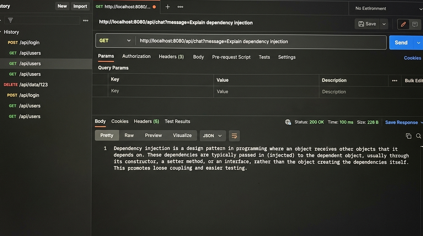 Postman application showing a successful API GET request to localhost:8080/api/chat with an OpenAI generated response.