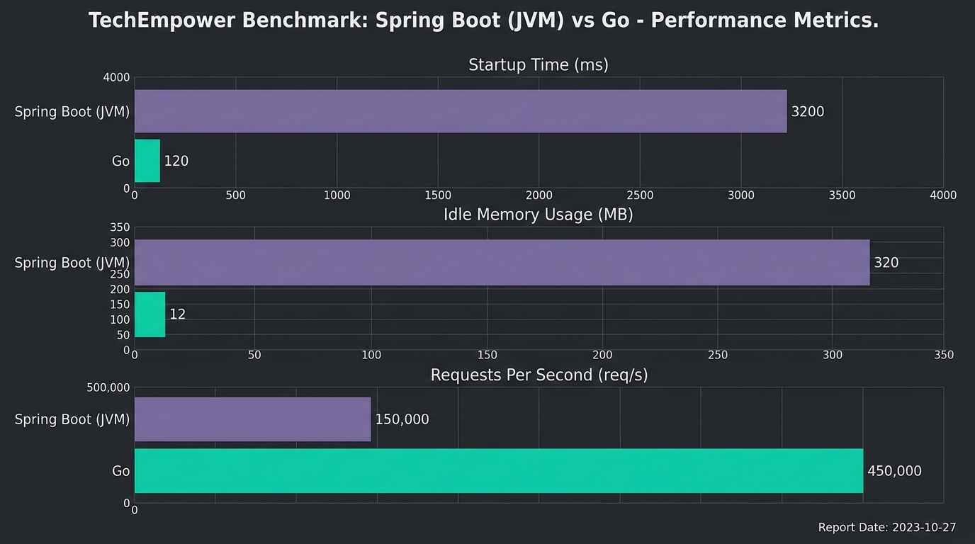 Comparison chart showing memory usage and startup times between Spring Boot and Go