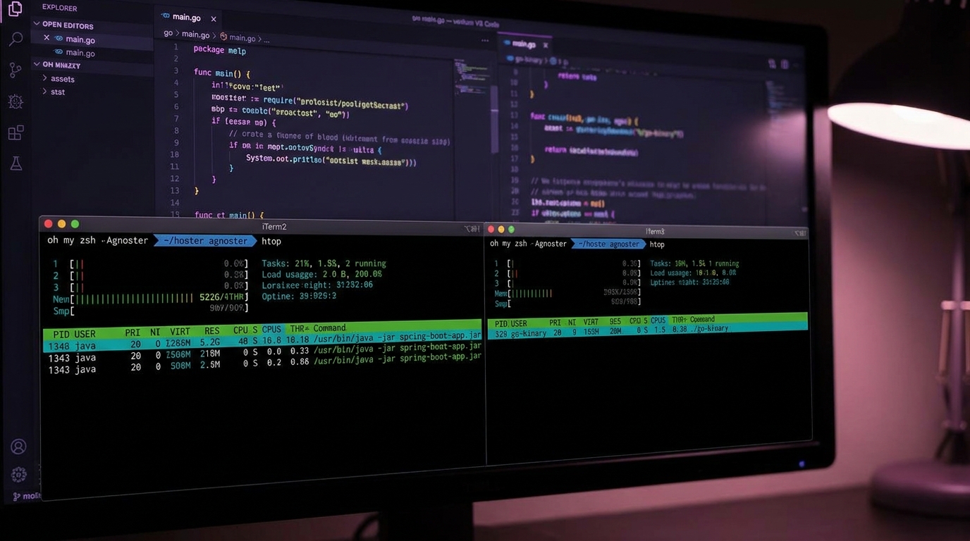 Terminal window comparison of htop output for Java and Go processes