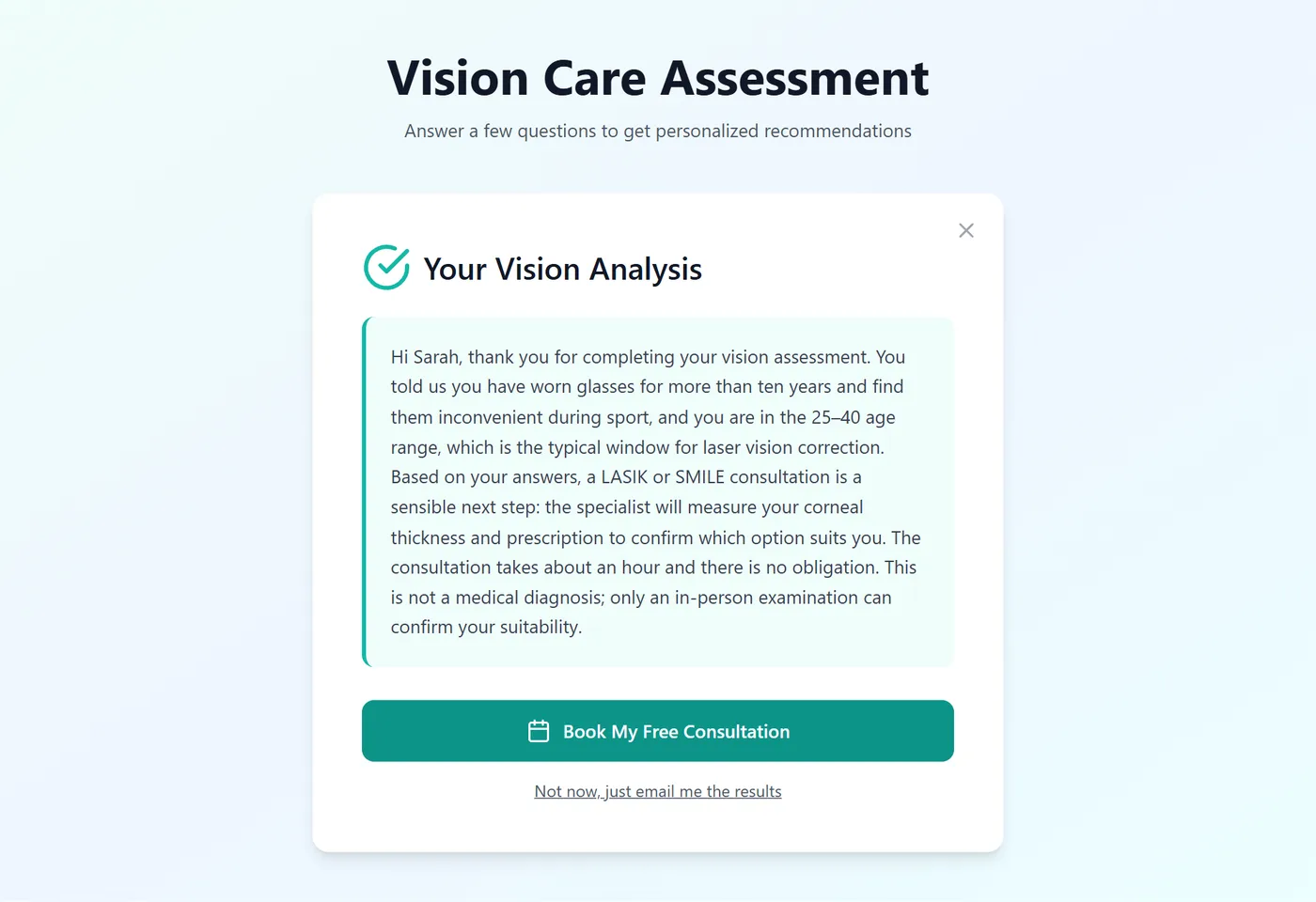 Personal vision analysis written by AI with a button to book a free consultation