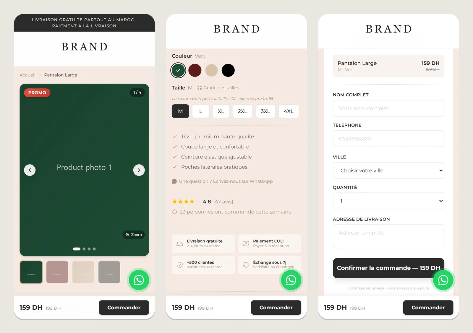 Cash on delivery landing page on a phone: product gallery, sizes, trust badges and the order form