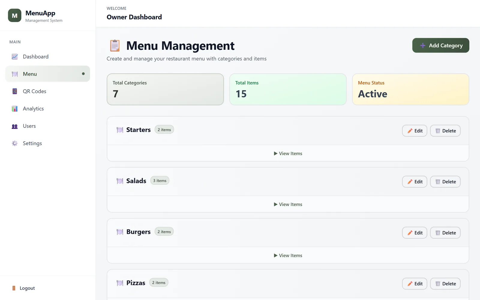 MenuApp menu management screen listing categories with item counts